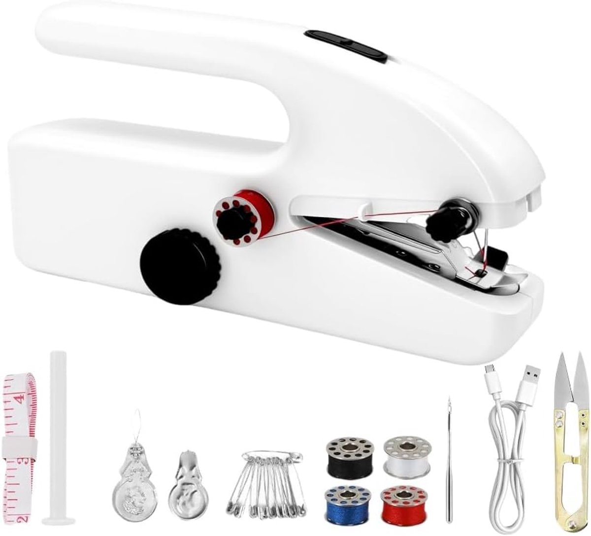Elektrisch, mini-naaimachine, draagbare naaimachine met 2 modi en naaiaccessoires, licht en eenvoudig voor beginners, snelle reparaties aan kleding, gordijnen (wit)
