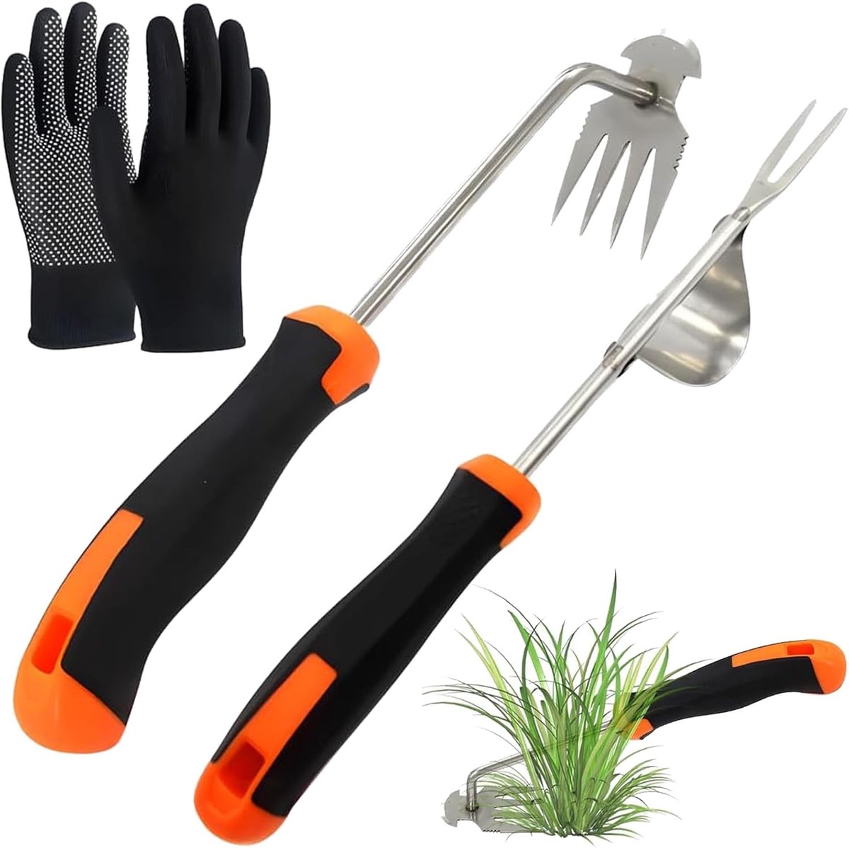2 stuks tuinieren, handonkruidsteker, tuingereedschap, onkruidverwijderaar, roestvrij staal, met steel, handschoenen, ontwortelingsgereedschap voor graven, wieden, verplanten, wortelen