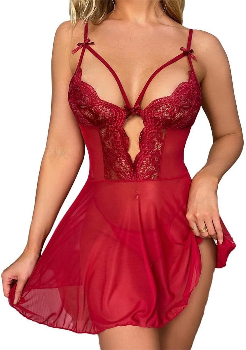 Babydoll Dames Negligé Diepe V Hals Doorschijnende Mesh Kanten Nachtjapon Rugloos Lingerie Slaapjurk Verleidelijke Nachtkleding Onderjurk Met Strikdetails (Rood M)