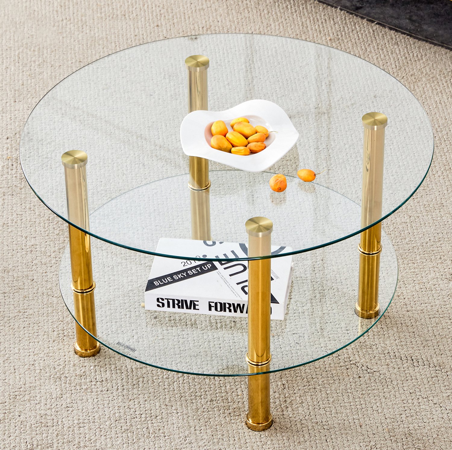 CHICFURN Salontafel 70 cm - Tweelaags ontwerp - Rond - Woonkamer - Glas en metaal - Goud en transparant