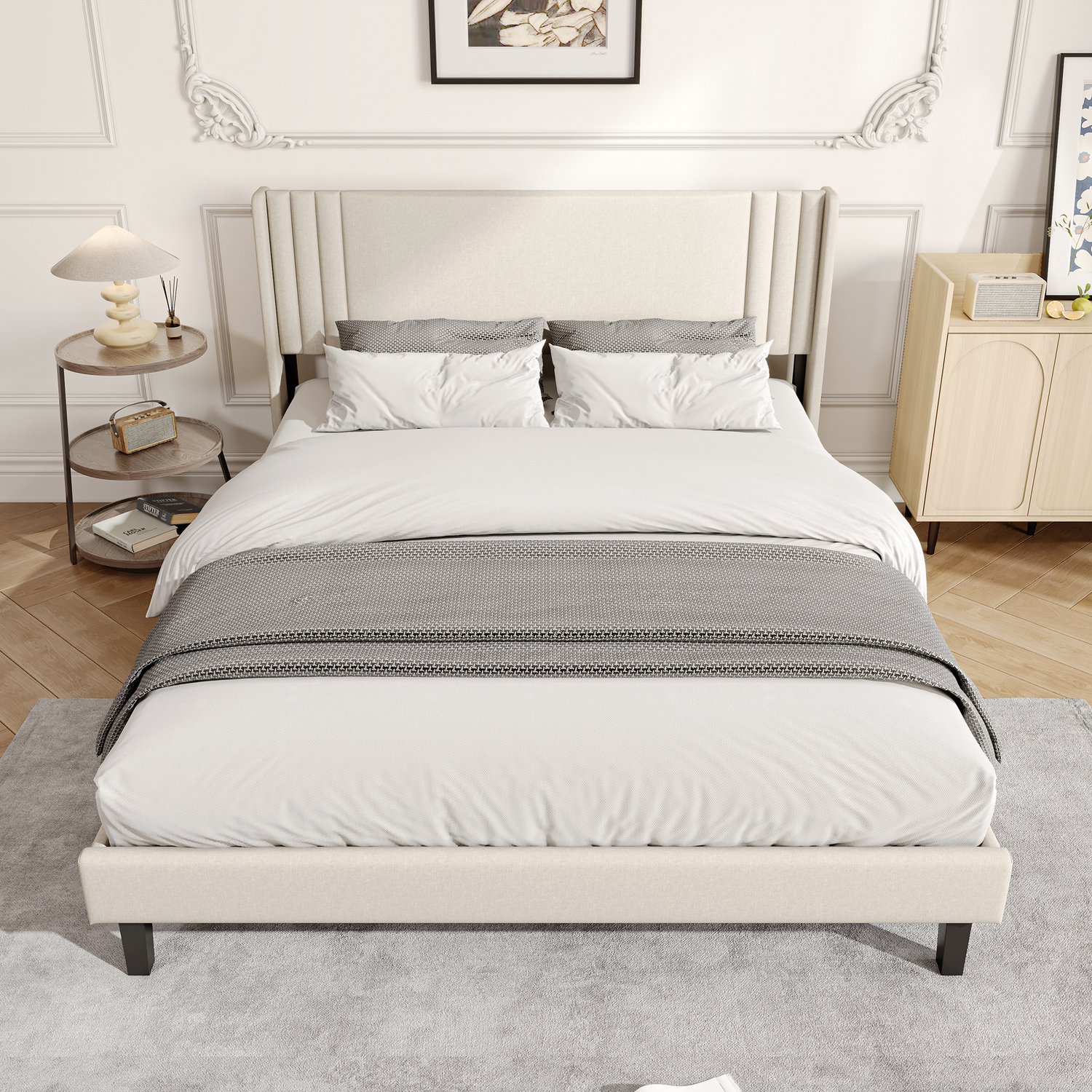 Yelenaro Tweepersoonsbed 140x200 cm, Gestoffeerd bed met Lattenbodem, Bedframe met Hoofdbord, Beige Linnen, Zonder matras