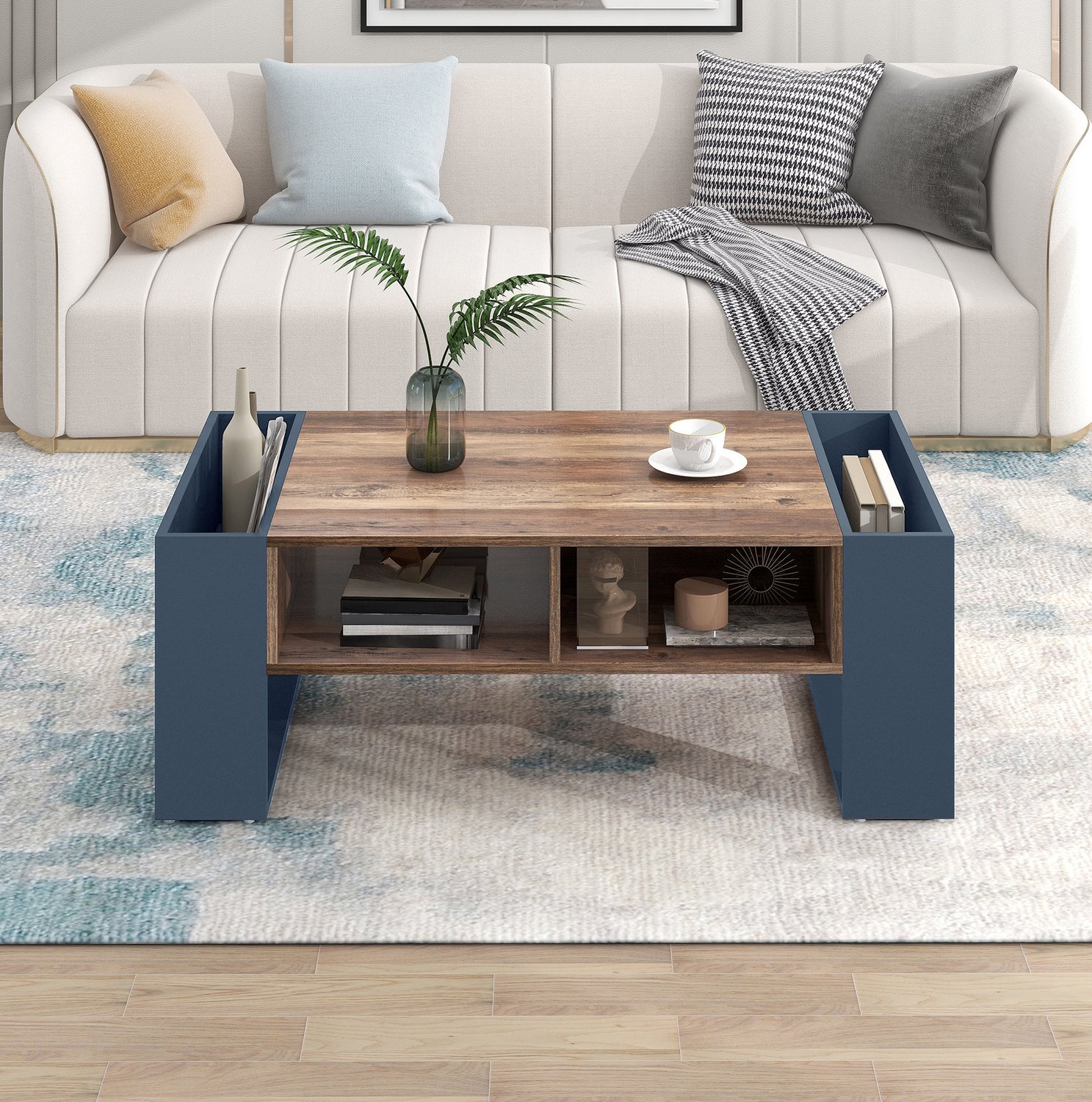CHICFURN Salontafel - Opbergruimte - Rechthoekig - Zwart en grijs Houtkleur