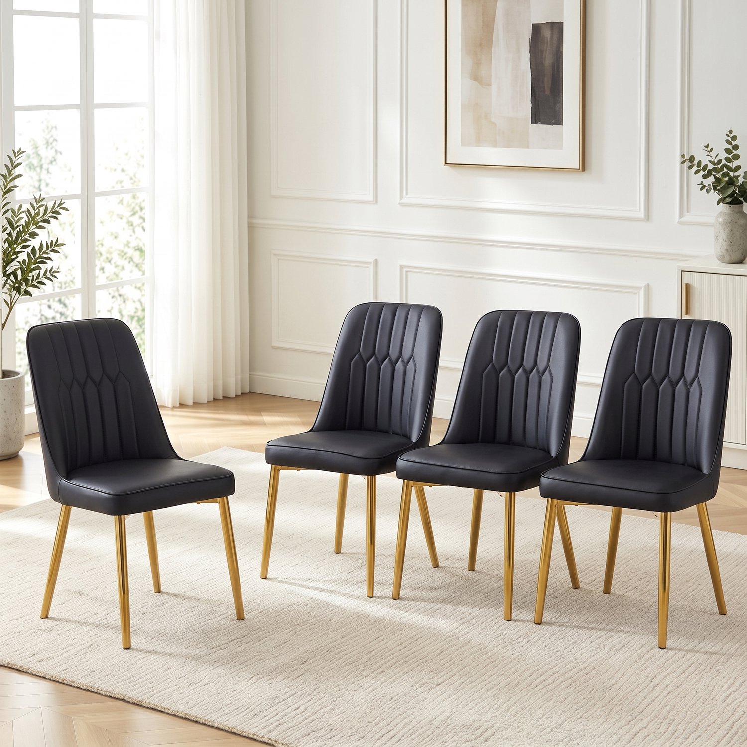 Clruro Eetkamerstoelen - Hoogte 89 cm - Set van 4 - Brede Zitting - Kunstleer/Metaal - Zwart Zwart+Goud