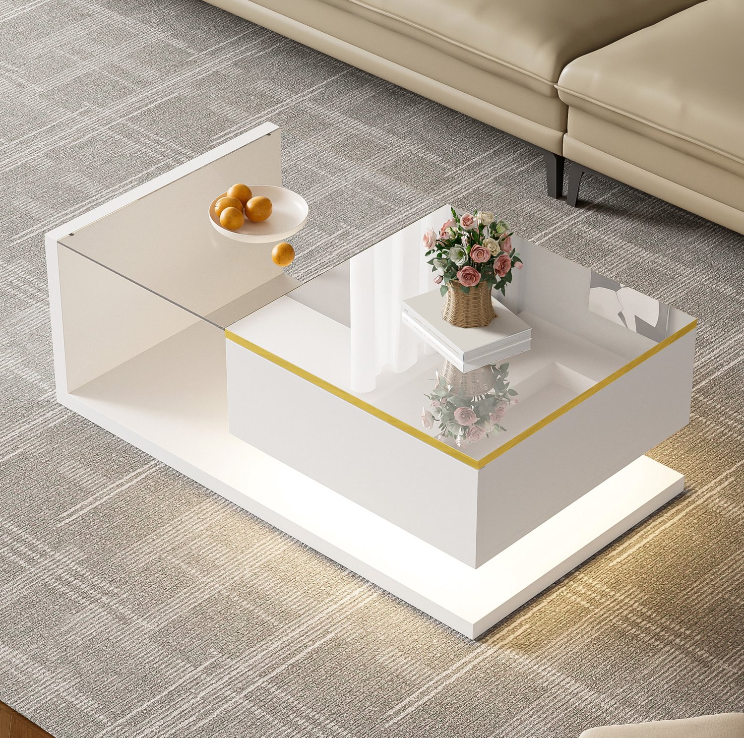 CHICFURN Salontafel - LED-verlichting - opbergruimte - rechthoekig - wit