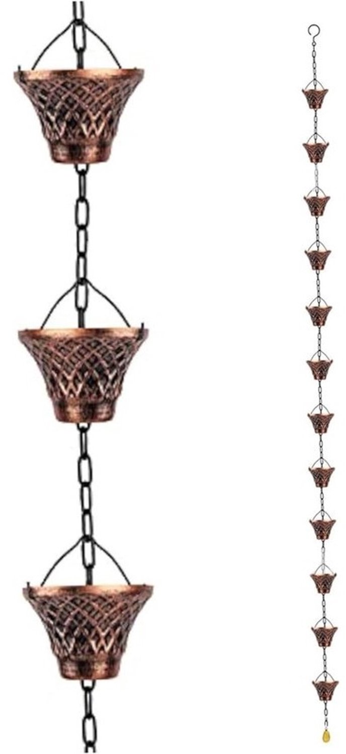 Metalen regenketting - Regenvanger voor de goot - Buitenversiering - 12 bekers - 270 cm - Brons