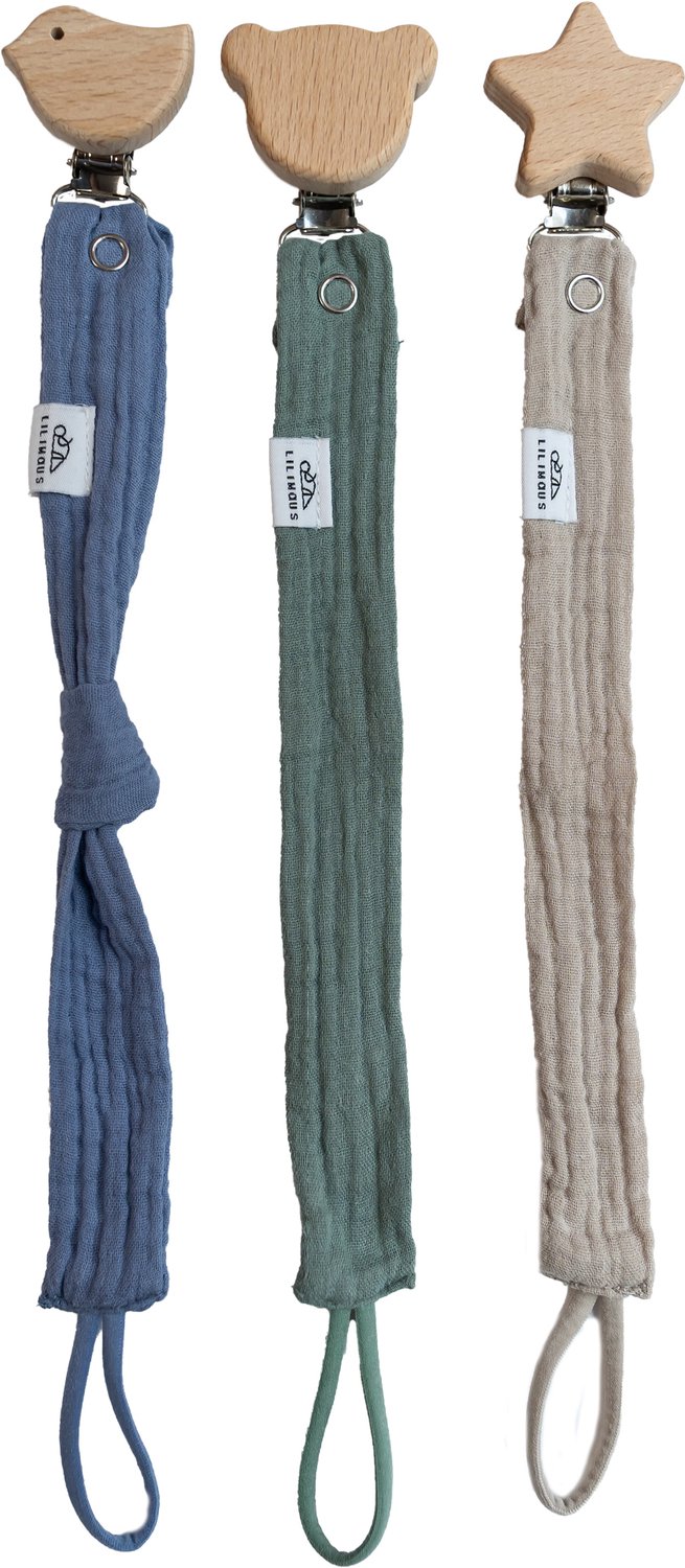 LILIMAUS Speenkoord - set van 3 - mousseline katoen met houten clip - lichtbeige, blauw en groen