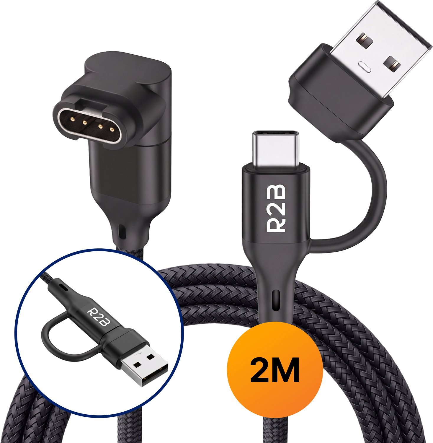 R2B Oplaadkabel geschikt voor Garmin Horloge - USB-A & USB-C - Gevlochten Nylon 2 meter - L-vorm 90 Graden Hoek - Zwart