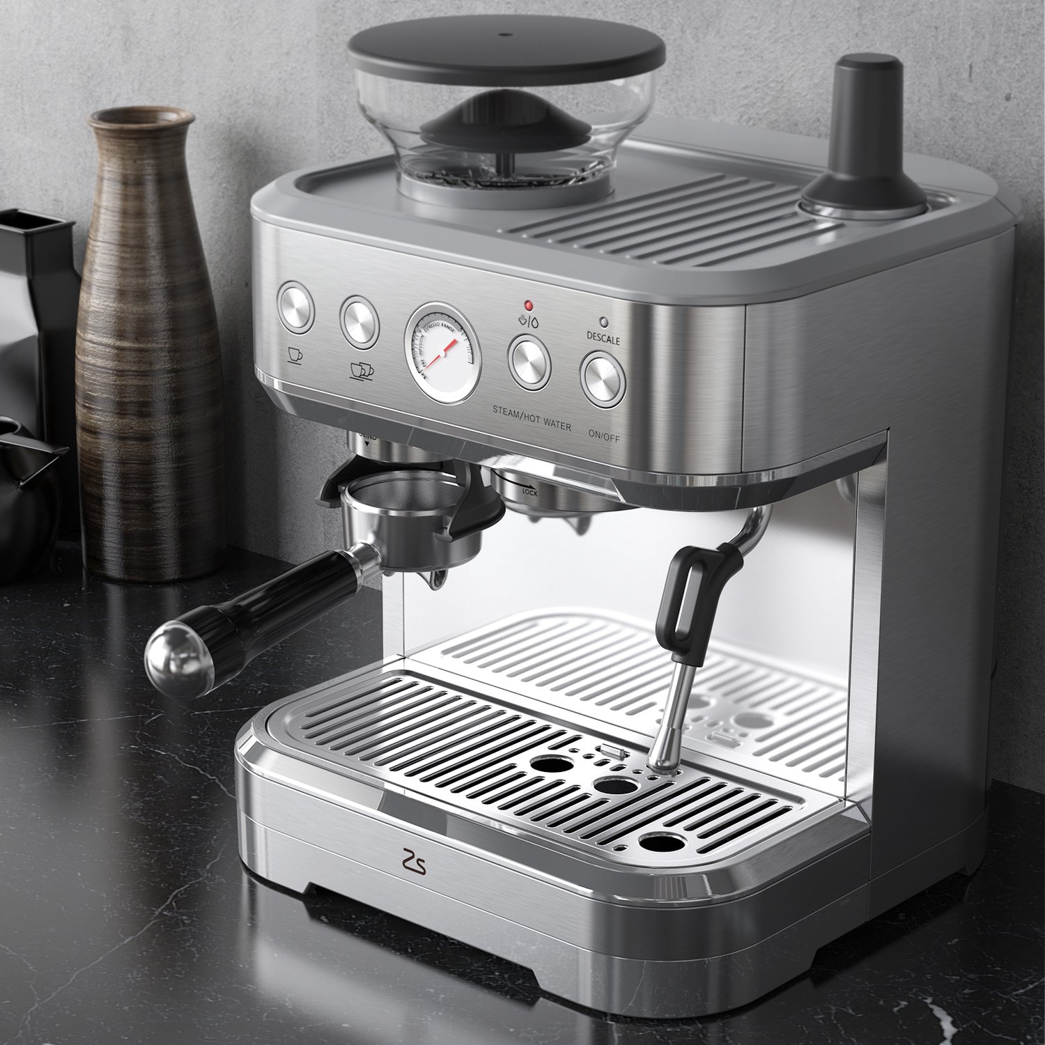 Espressomachine Alles in 1 15 Bar - Met Bonenmolen - Melkopschuimer - 2,3 L Reservoir - RVS - PID Besturing - Dubbele Kop Percolatie - Zilver
