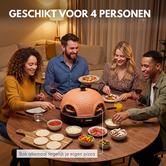 COOK-IT Pizza Oven 4 Personen - Mini Pizzaoven 800W - Pizza Oven voor op Tafel - Terracotta Koepel - Inclusief 4 Pizzaspatels — afbeelding 4