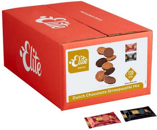 Rode Elite doos met 120 individueel verpakte stroopwafels in diverse chocoladesmaken.