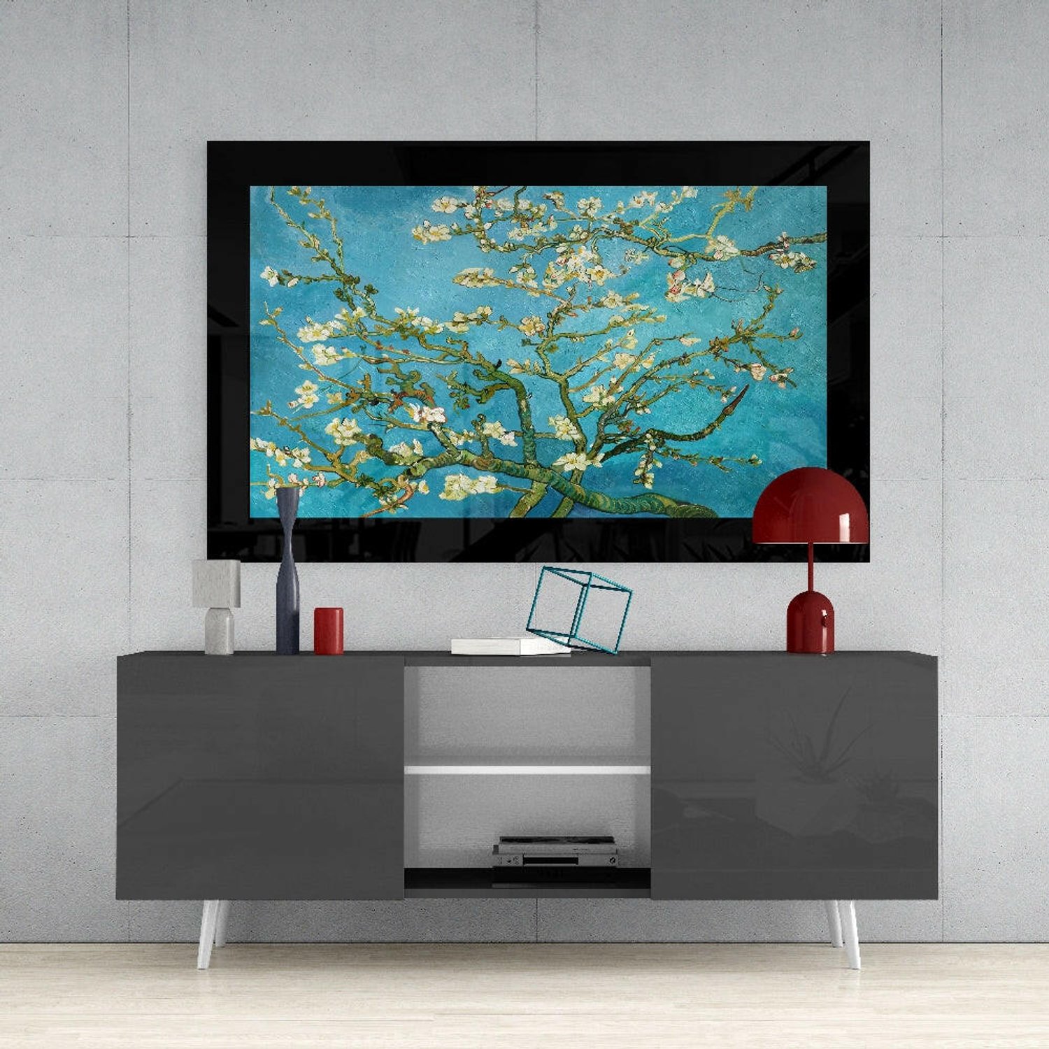 Glasschilderij – Turquoise Amandelbloemen – Karaktervolle Glasdecoratie