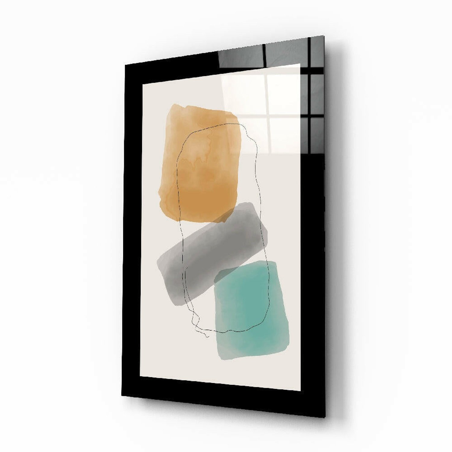 Glasschilderij – Ambergrijze Turquoise Blokken en Lijnen – Eigentijdse Wandkunst
