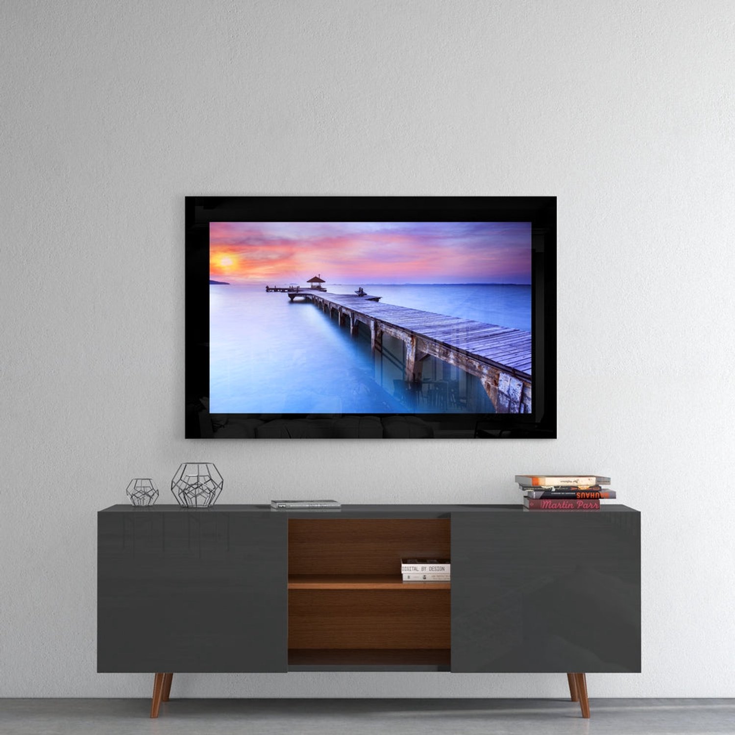 Glasschilderij – Zonsondergang bij de Steiger met Zeeblik – Stijlvolle Kunst aan de Muur