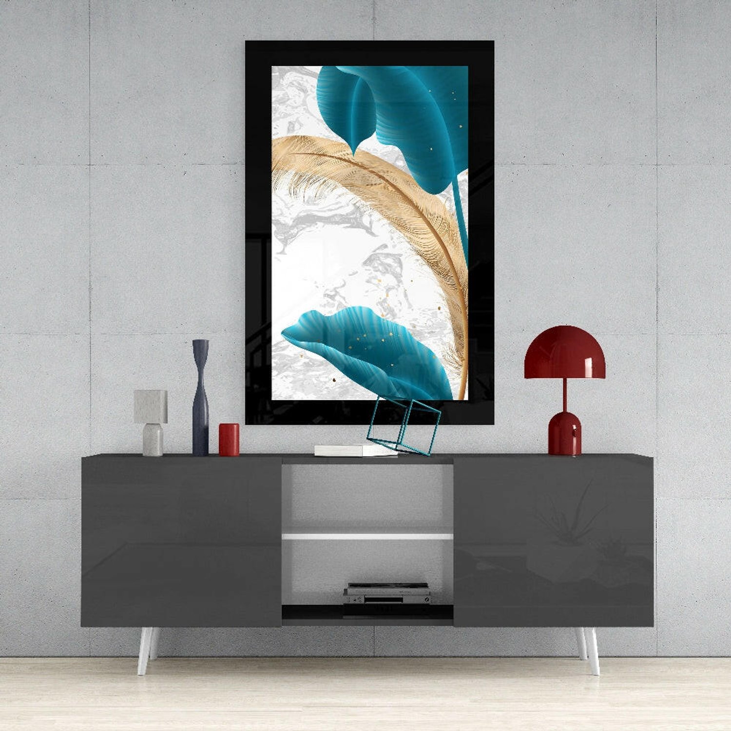 Glasschilderij – Turquoise Gouden Blad – Abstracte Wandkunst