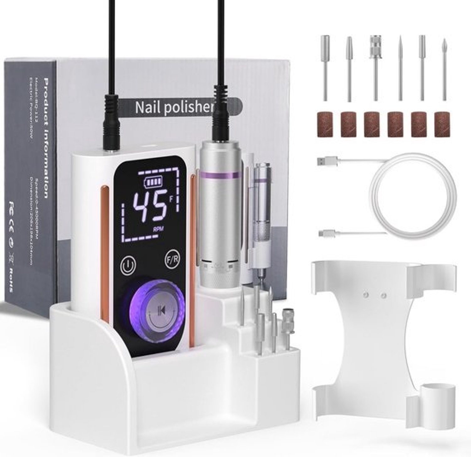 Elektrische boor voor nagels - Machine voor het vijlen van nagels - Manicure en pedicure voor nagels - LCD-display met 40000 RPM - Set met 12-in-1 - Wit