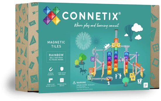 Verpakking van de Connetix regenboog ball run set met 92 onderdelen, inclusief afbeelding van het gebouwde circuit.