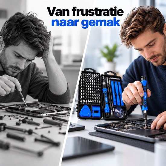 Vergelijking van een gefrustreerde gebruiker en een tevreden persoon die met de blauwe BOTC-set werkt.