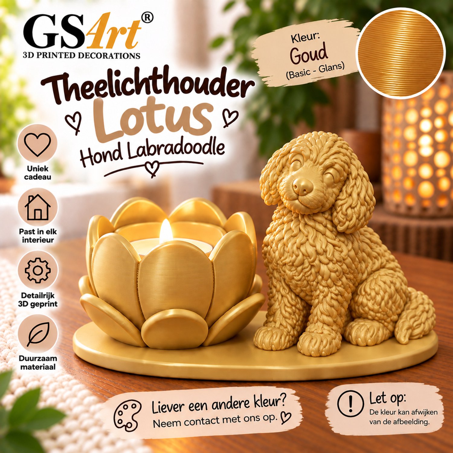 GSArt Theelichthouder Lotus Labradoodle Hond – LED – Basic Goud