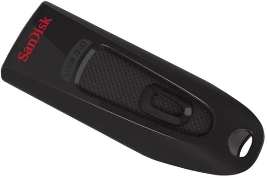 Zwarte SanDisk USB 3.0-stick met een schuifmechanisme en rood logo.