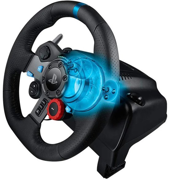 Zwart racestuur met een blauwe, verlichte interne motorweergave.