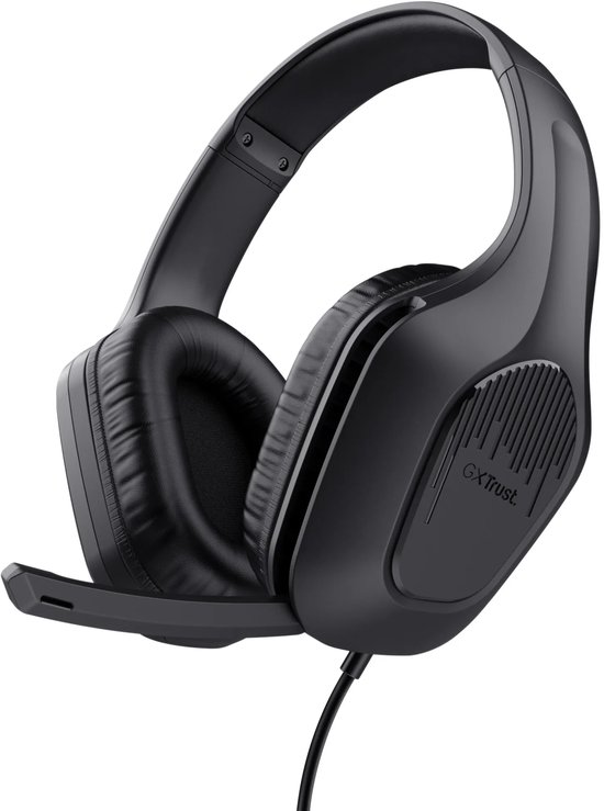 Zwarte Trust GXT 415 Zirox gamingheadset met microfoon aan de zijkant, voorzien van het GXT-logo.