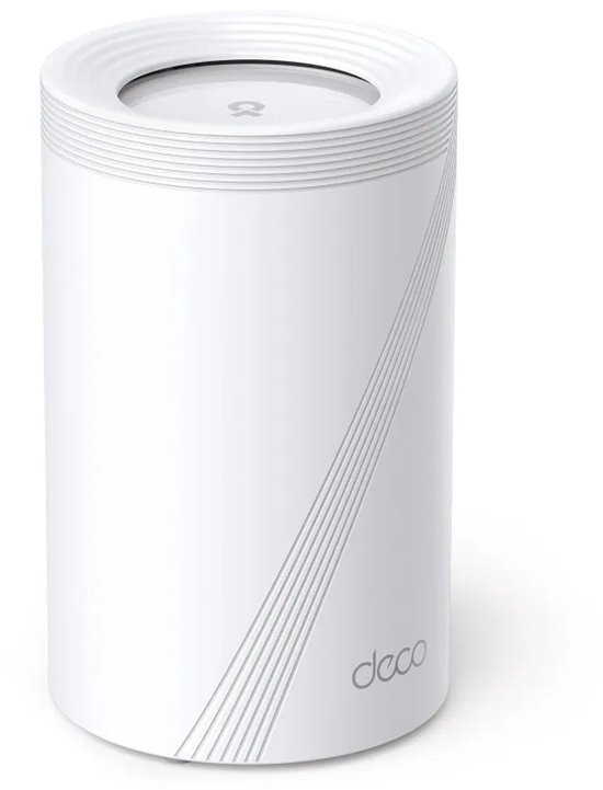 Witte cilindrische TP-Link Deco mesh-router met een gestreept patroon en het 'deco' logo onderaan.