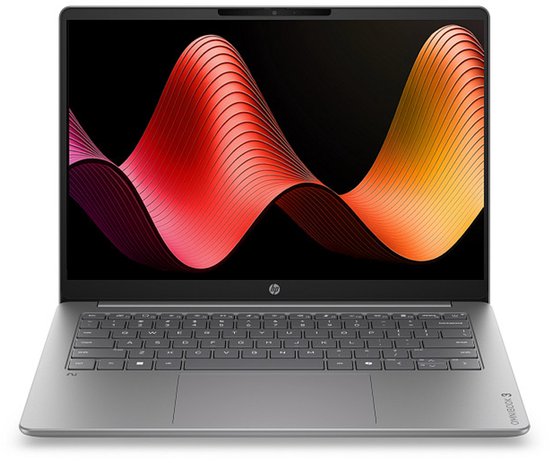 Zilveren HP OmniBook 3 laptop met verlicht toetsenbord en een scherm met rode en gele golvende lijnen.