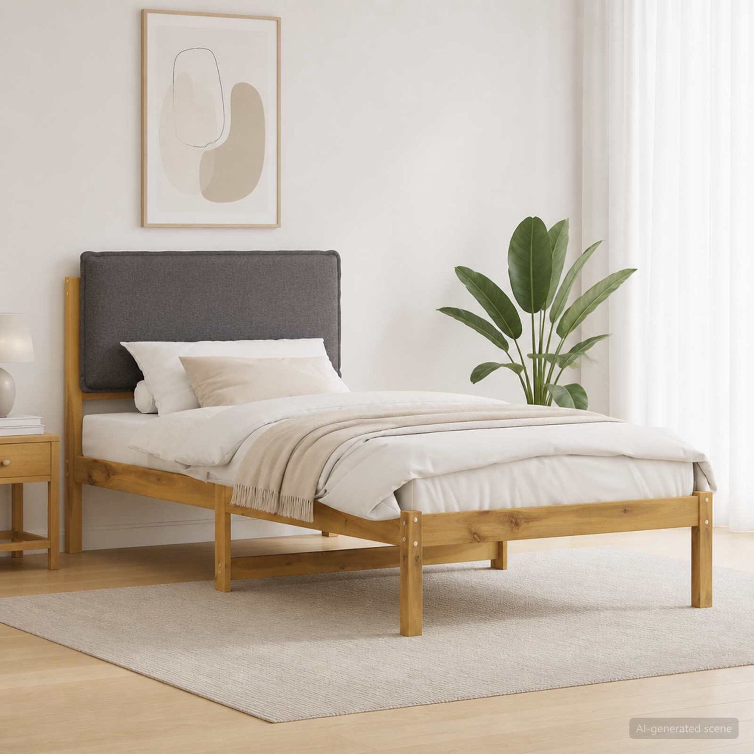 vidaXL Bedframe - met - gestoffeerd - hoofdbord - Whitewash - en - lichtgrijs Whitewash en lichtgrijs