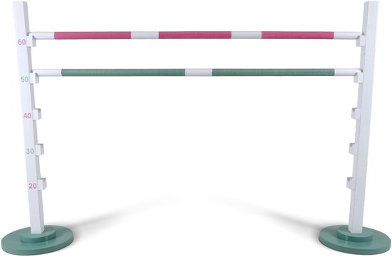 Verstelbare hindernis voor stokpaardjes met twee witte staanders, roze en groene balken en een genummerde schaal.