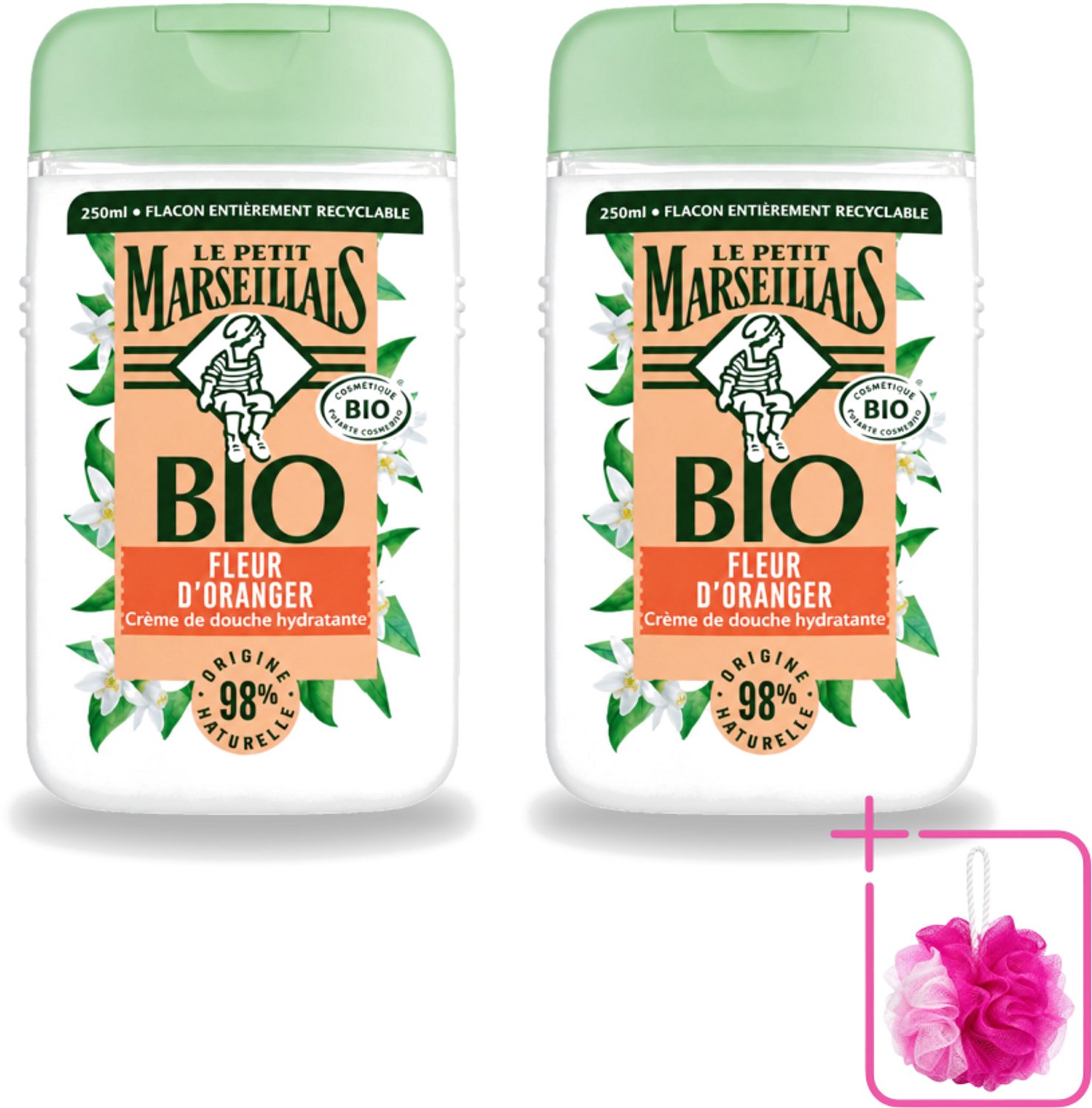 2 x Le Petit Marseillais – Douchegel – Fleur d’Oranger – 250 ml - Bulkverpakking - Douchegel oranje bloesem - Douchemop - Oranje bloesem geur