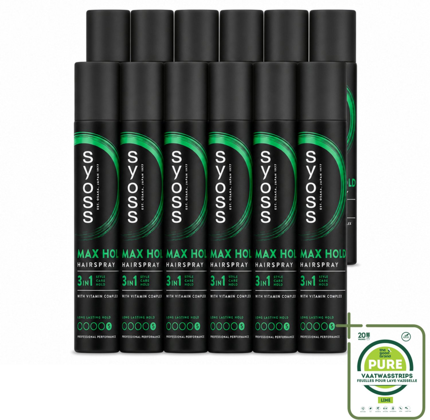 12 x Syoss - Max Hold - Haarspray - Compacte Fixatie - 75 ml - Grootverpakking - Vaatwasstrips - Haarspray - Fixatie - Stijl - Haar Fixeren - Haar Verzorgen