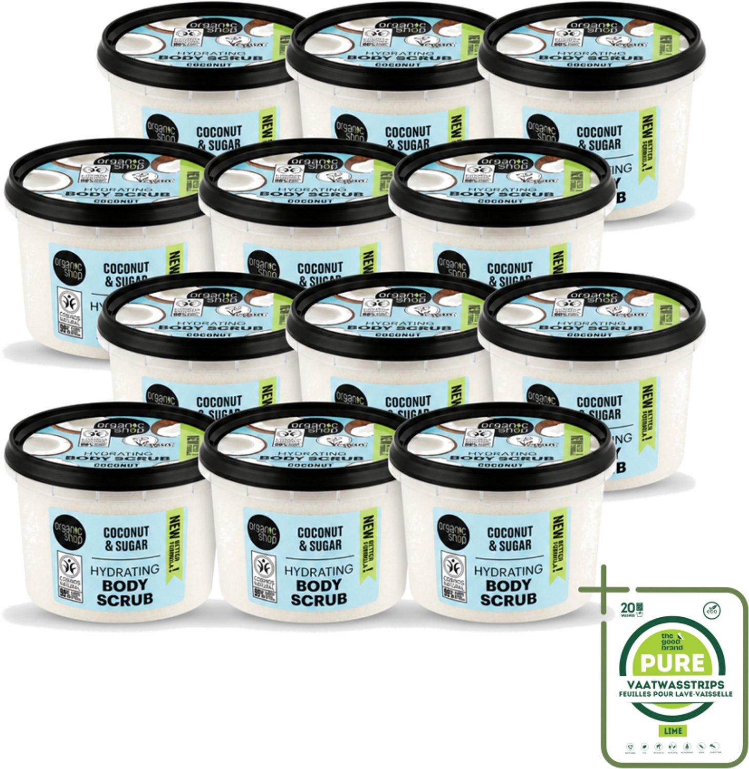 12 x Organic Shop - Hydrating Body Scrub Coconut - Diep Voedend - 250 ml - Grootverpakking - Vaatwasstrips - Hydratatie - Exfoliatie - Suikerscrub - Kokosolie - Natuurlijke Huidverzorging