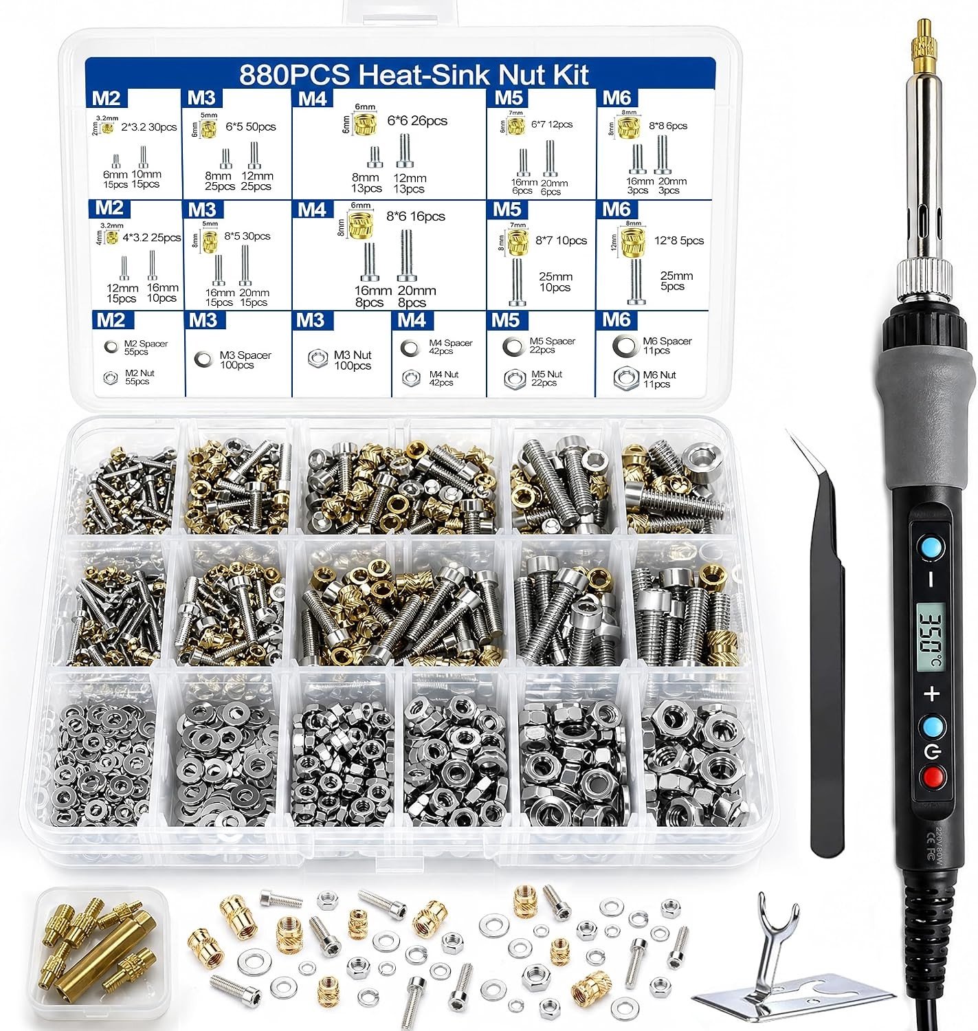 Complete Set van 880 Draadinvoegen met Schroeven, Instelbare Temperatuur Soldering Iron en Diverse Soldering Tips voor Precisiewerk