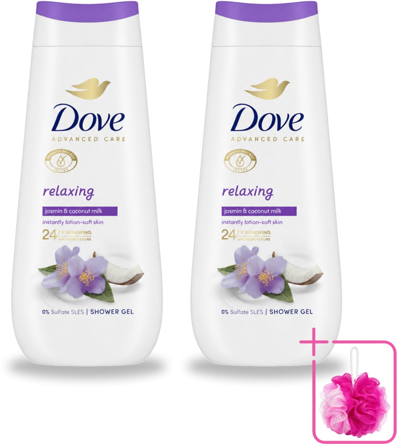 2 x Dove Douchecrème - Relaxing - Kokos & Jasmijn - 225 ml - Bulkverpakking - Douchegel - Douchemop - Ontspannen douche