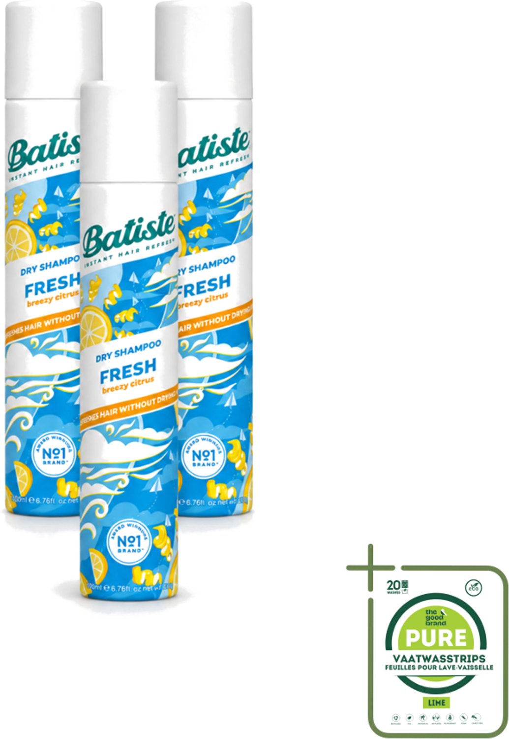 3 x Batiste - Fresh - Droogshampoo - Koele en Schone Geur - Verfrist en Geeft Grip - 200ml - Grootverpakking - Vaatwasstrips - Droogshampoo - Fris Haar - Schone Start - Koele Geur - Snel Opfrissen