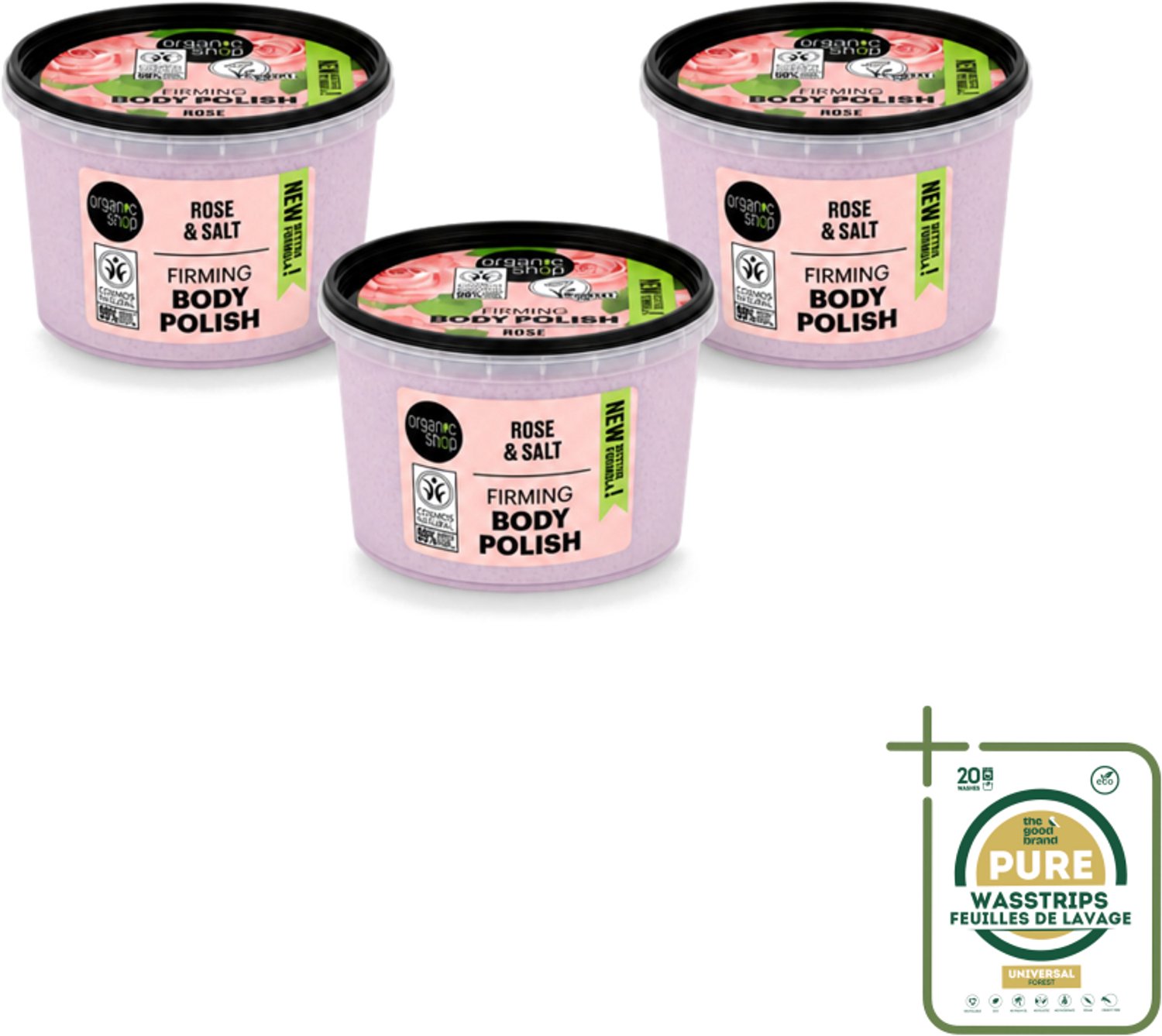 3 x Organic Shop - Body Scrub Rose - Hydraterend en Verzorgend - 250 ml - Wasstrips - Bodyscrub - Huidpeel - Huidverzorging - Natuurlijke Huidpeel - Hydraterende Bodyscrub