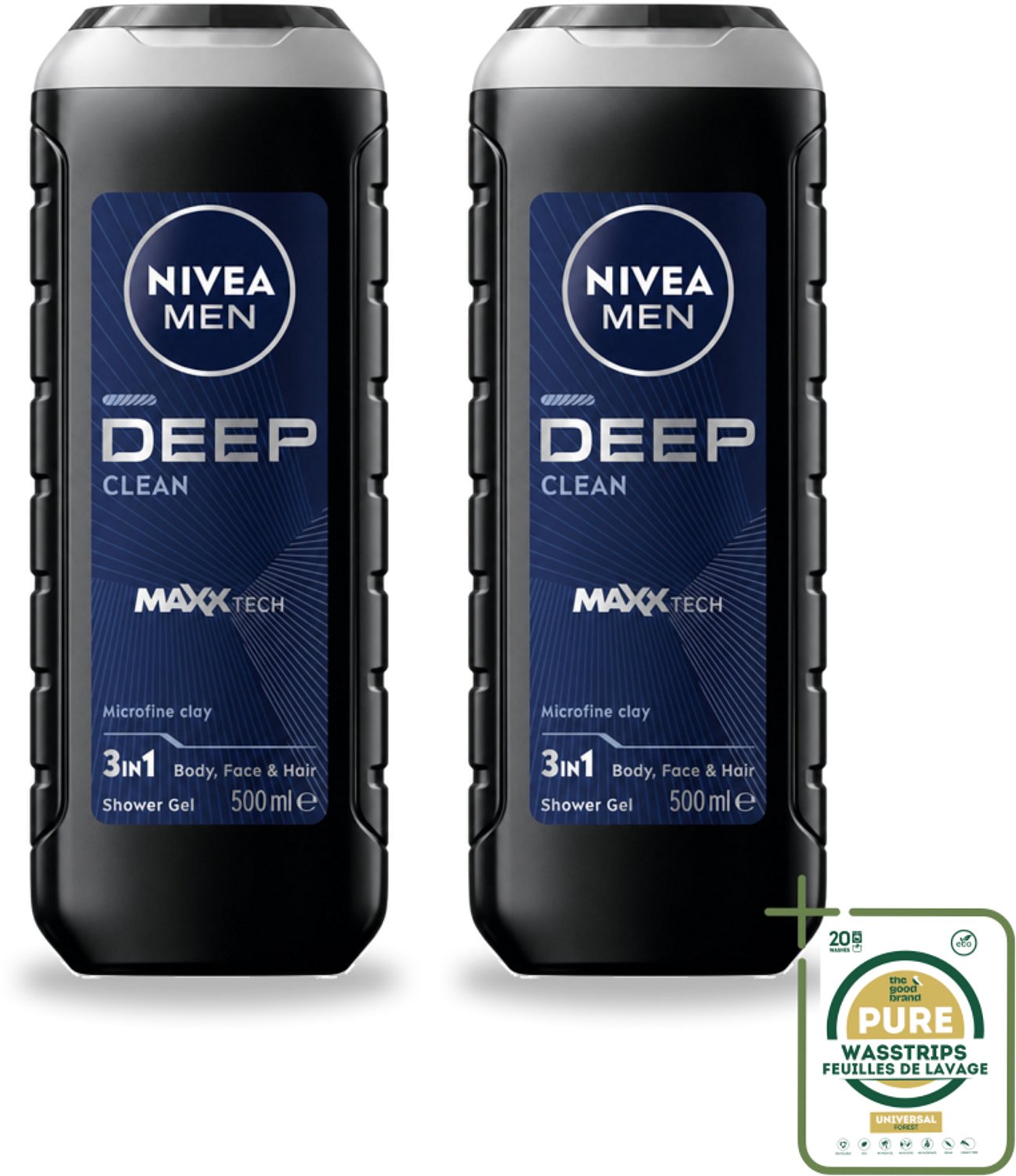 2 x NIVEA MEN - Douchegel - Deep Clean 3-in-1 - 500 ml - Wasstrips - Douchegel - Diepe Reiniging - Microklei - Mannelijke Geur - Gezicht En Haar Reinigen