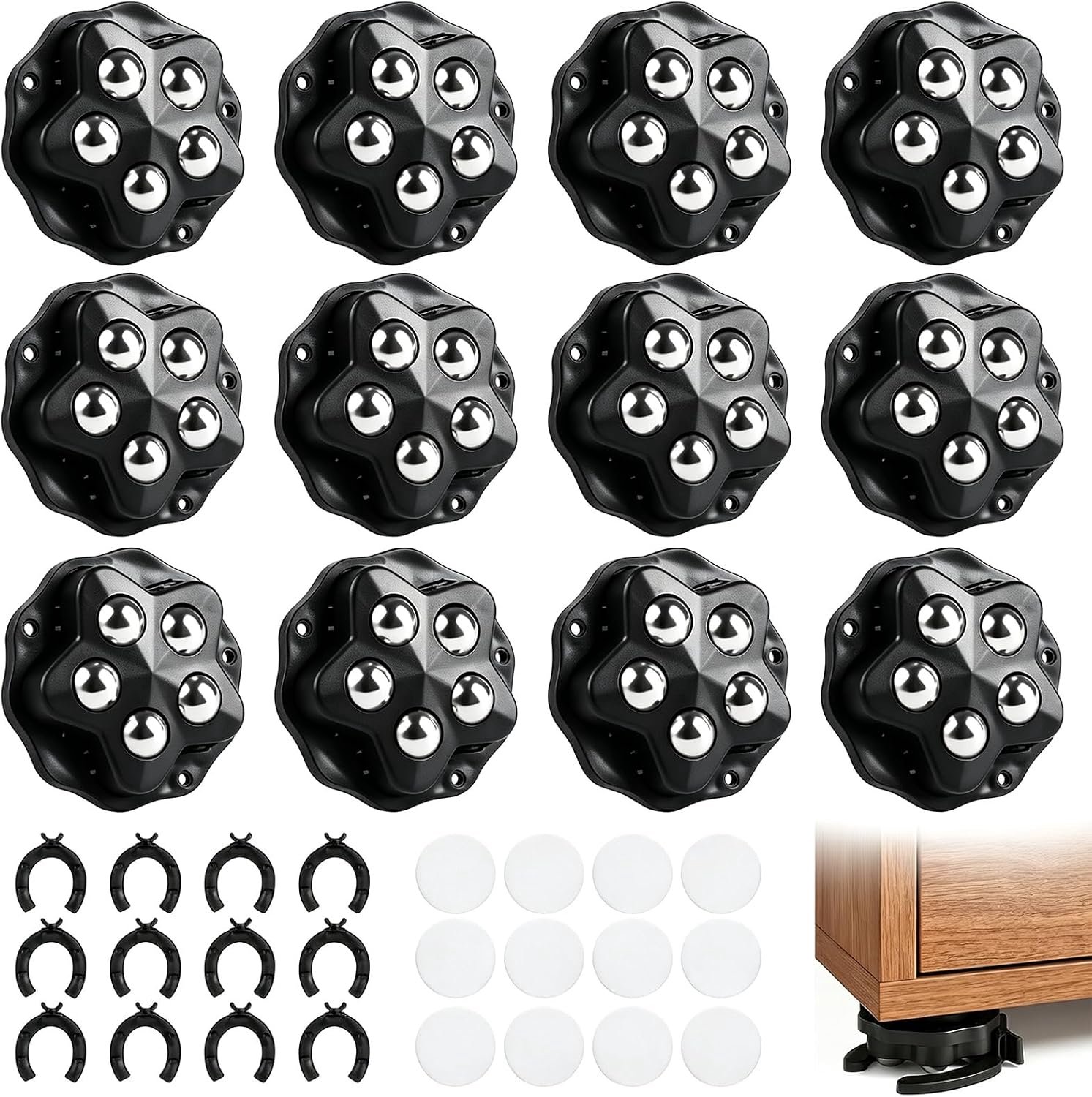 Meubelwielen 12 stuks - kogelwielen - 360° rotatie - ideaal voor zware meubels - Vemera