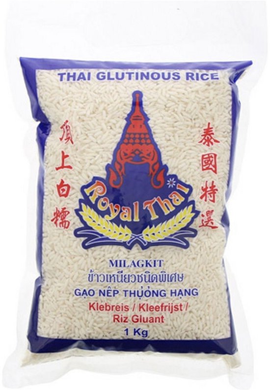 Verpakking van 1 kg Royal Thai kleefrijst met blauw en rood logo en Aziatische teksten op een transparante zak.