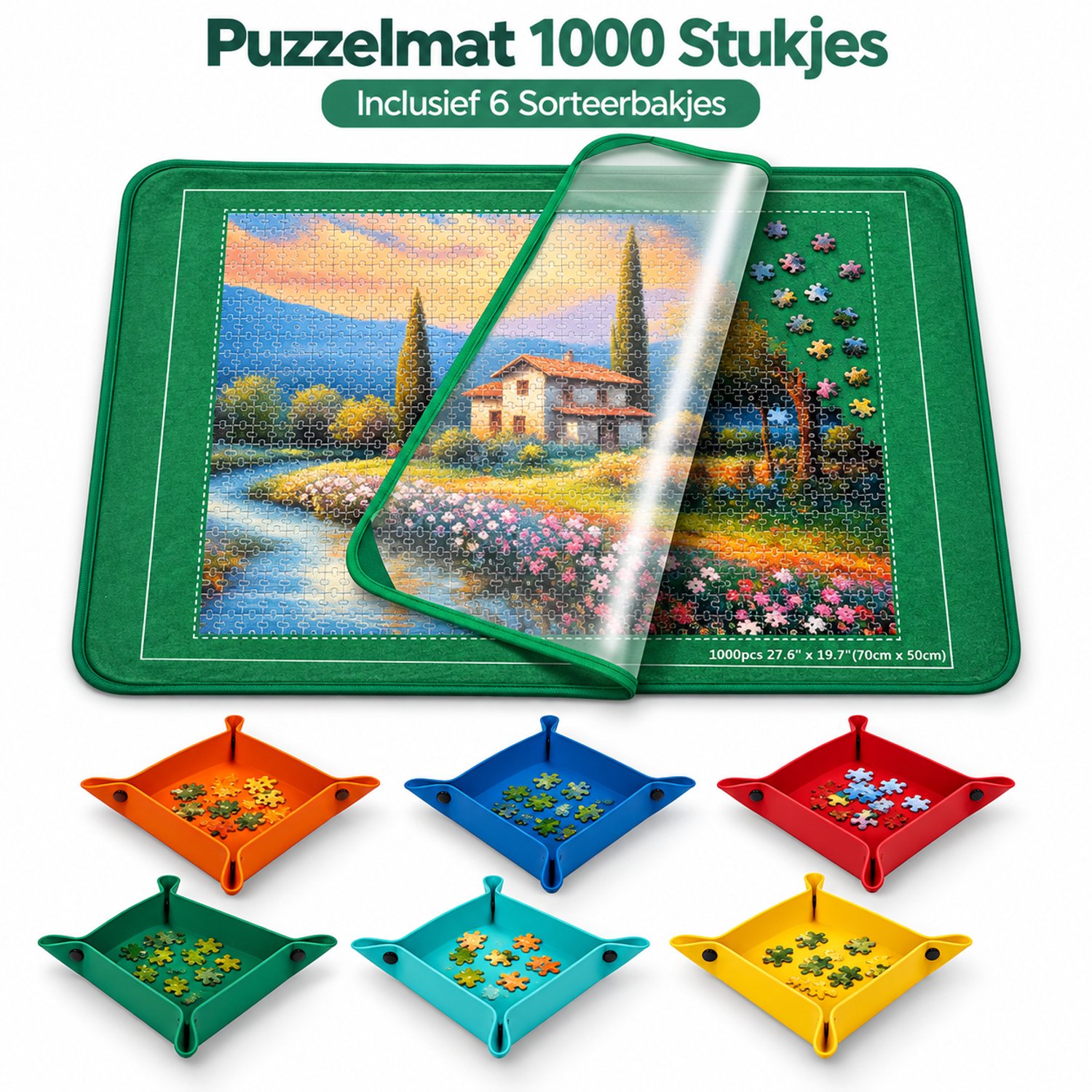 Sercano Puzzelmat 1000 Stukjes met 6 Sorteerbakjes – Oprolbaar Puzzel Opbergsysteem – Puzzelkleed met Opbergtas – Groen