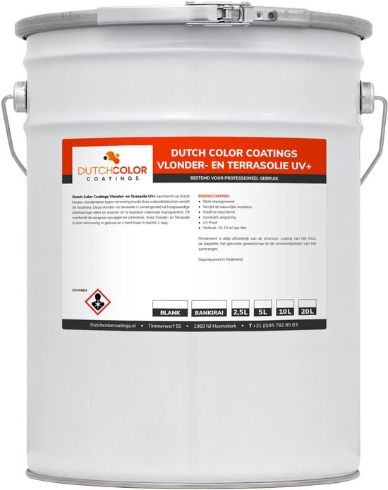 Witte metalen emmer Dutch Color Coatings Vlonder- en Terrasolie UV+ met productinformatie en gevarenlabel.