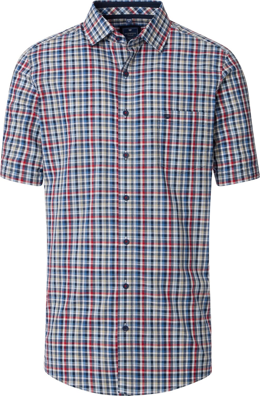 Redmond comfort fit overhemd - korte mouw - dobby - blauw - wit - rood - beige geruit