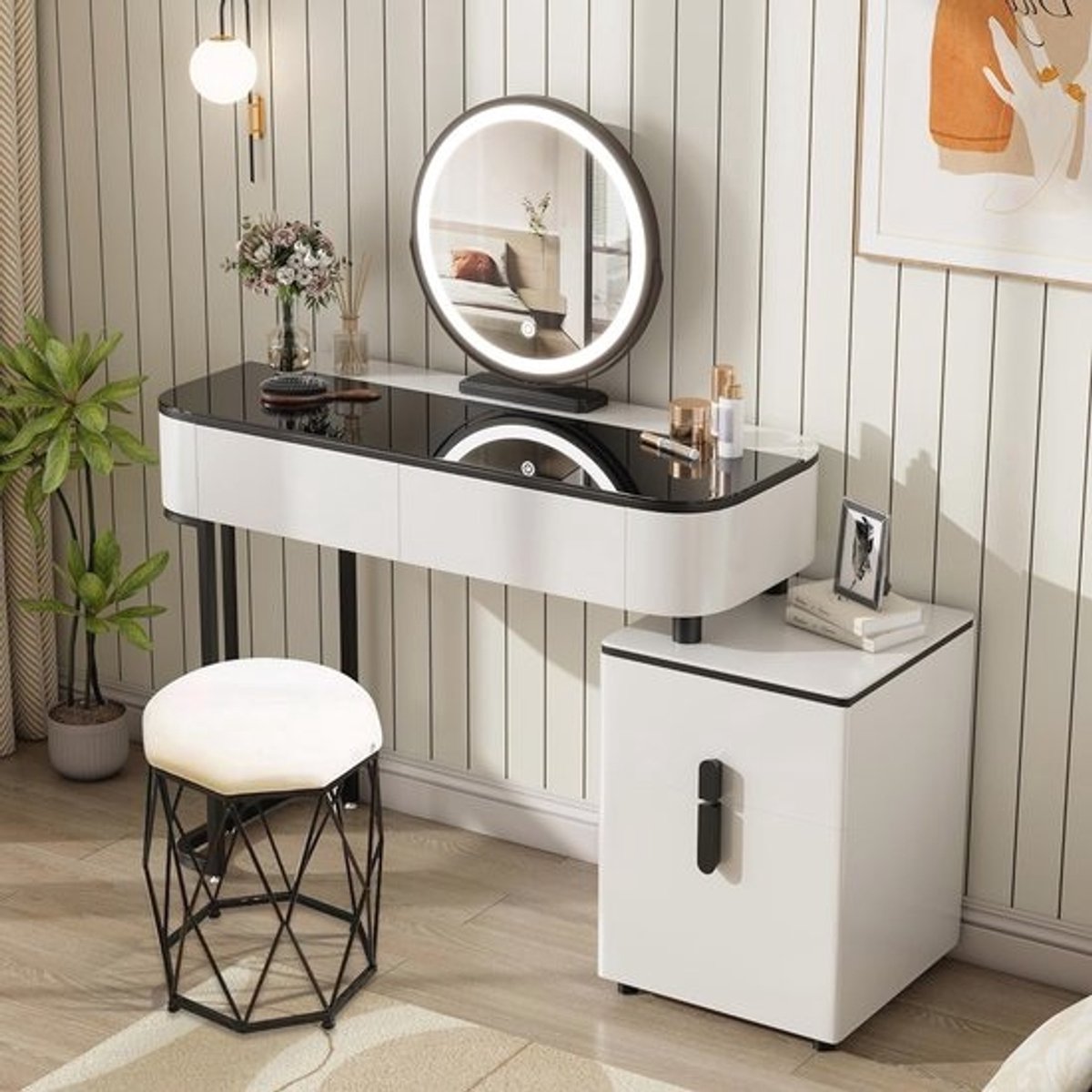 Moderne make-uptafel met dimbare LED-spiegel en opslagruimtes - Wit en zwart
