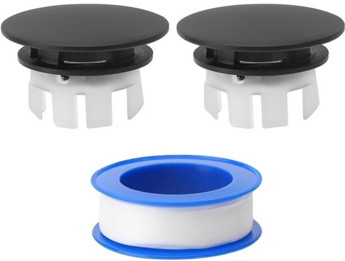 2 stuks overloopring voor wastafel - Ronde deksel voor overloop, ideaal voor badkamer en keuken, inclusief PTFE-spool in zwart