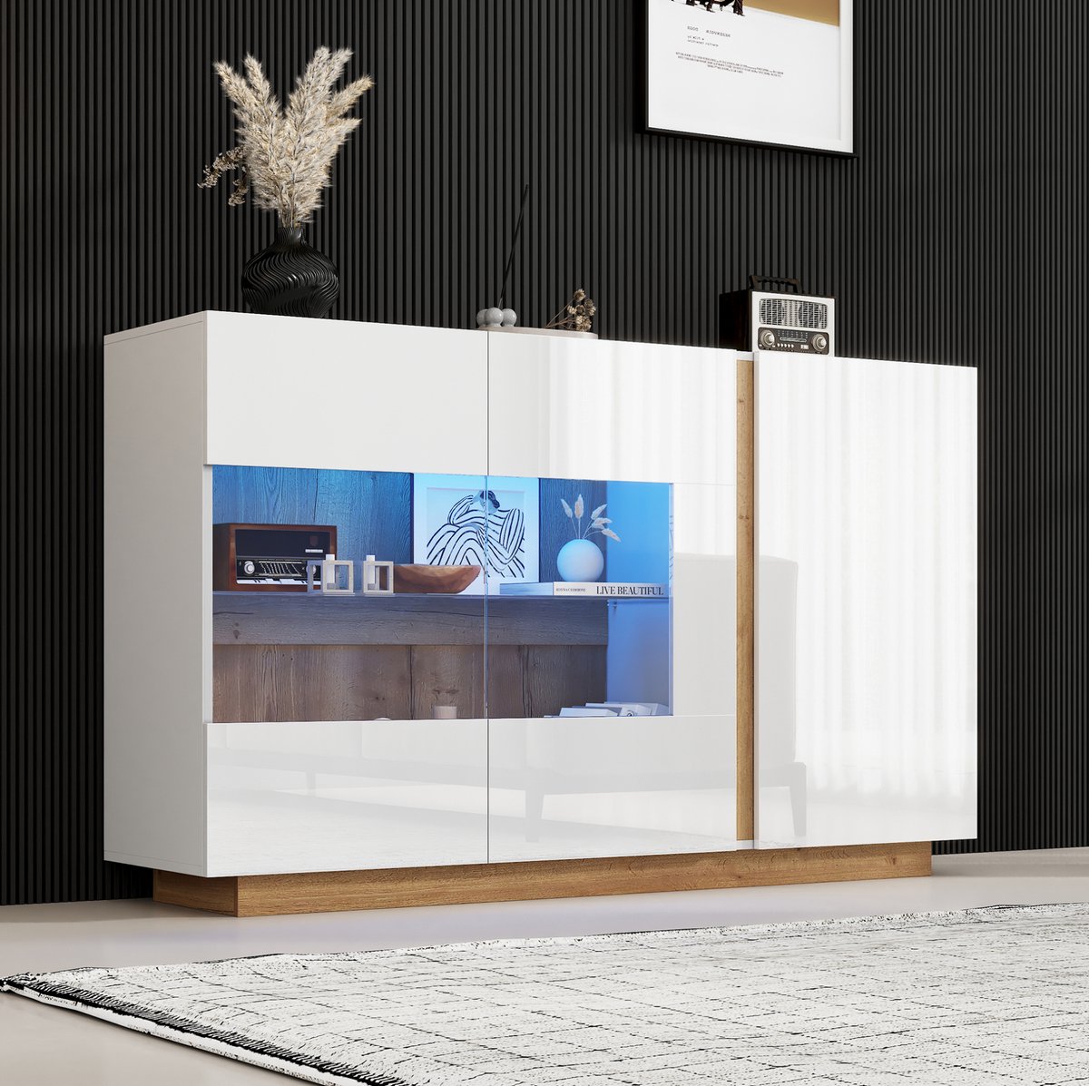 WUVRIE Dressoir 138x38,5x90,5 cm - 3 deuren, glas en RGB LED-verlichting - Wit