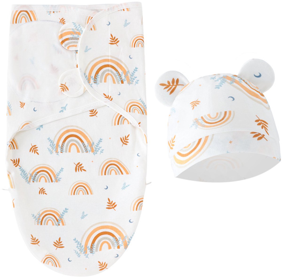 Inbakerdeken met cartoonprint en bijpassende capuchon, zacht katoen, schattig unisex ontwerp (0-6 maanden), wit.