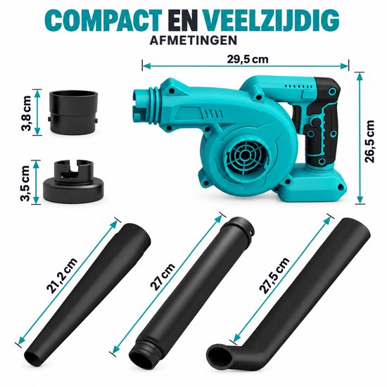 Accu Bladblazer 2-in-1 – Bladzuiger en Luchtblazer – Alleen Machine Zonder Accu en Lader – Met Opvangzak en Mondstukken voor Tuin, Auto en Werkplaats — afbeelding 3