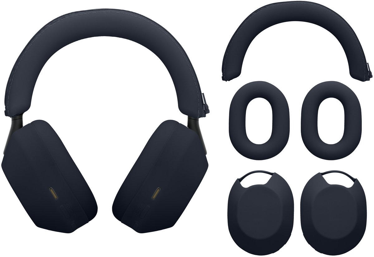 kwmobile 3-in-1 Hoofdtelefooretui voor Over-Ear Headphones voor Sony WH-1000XM5 Hoes - 360° siliconen beschermhoes voor oorkussens - donkerblauw