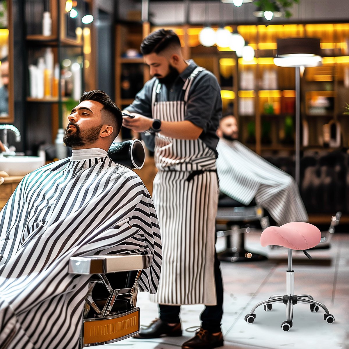 Zadelkruk - in hoogte verstelbaar 49-61 cm, 360° draaibaar, op wielen, zadelzitting, kunstleer, roze, voor salon en spa
