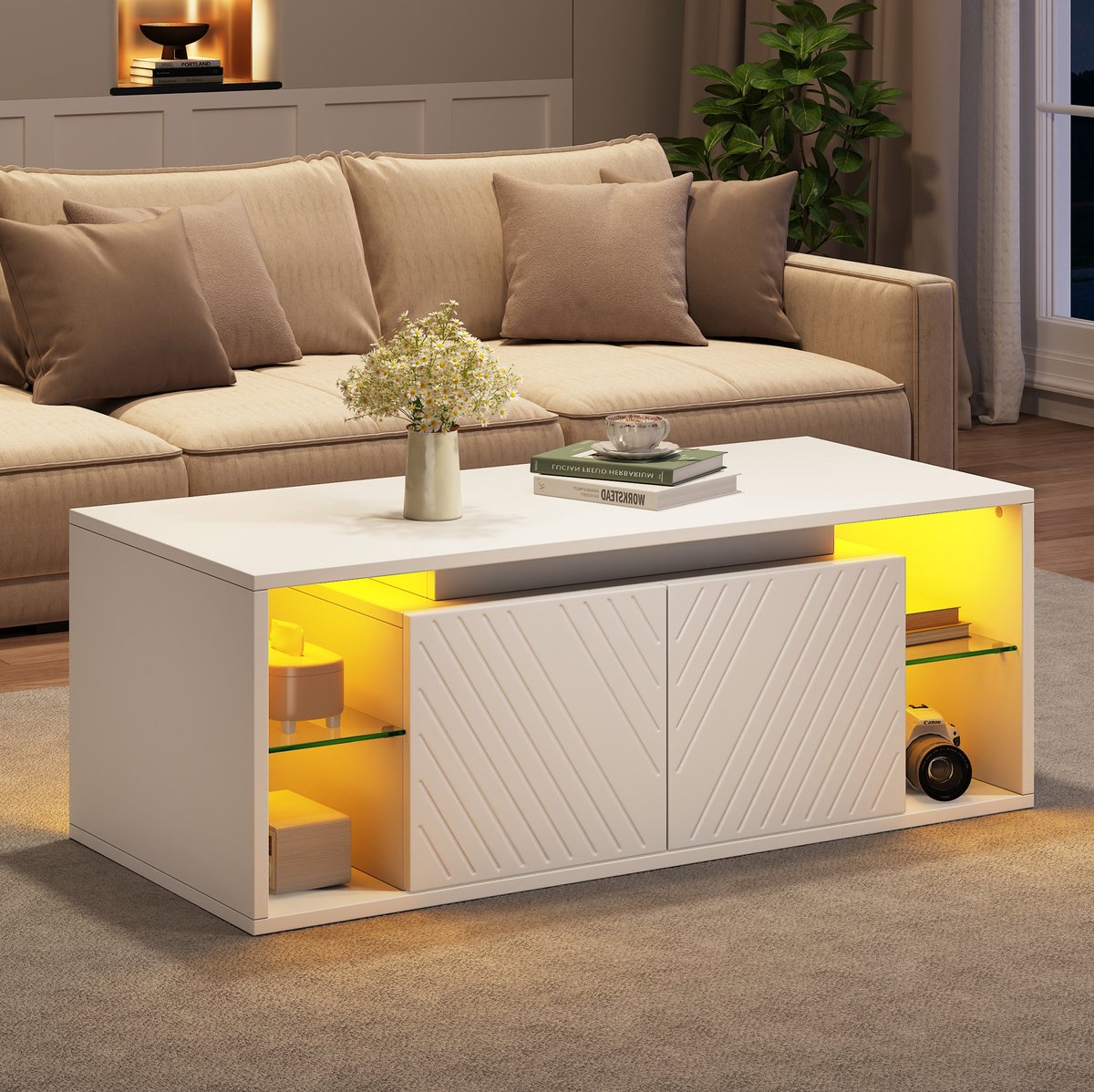 STILVORA Salontafel - LED-Verlichting Met Twee Deuren En Opbergruimte - Voor Moderne Woonkamer - Spaanplaat - 100 X 50 X 41 Cm - Wit